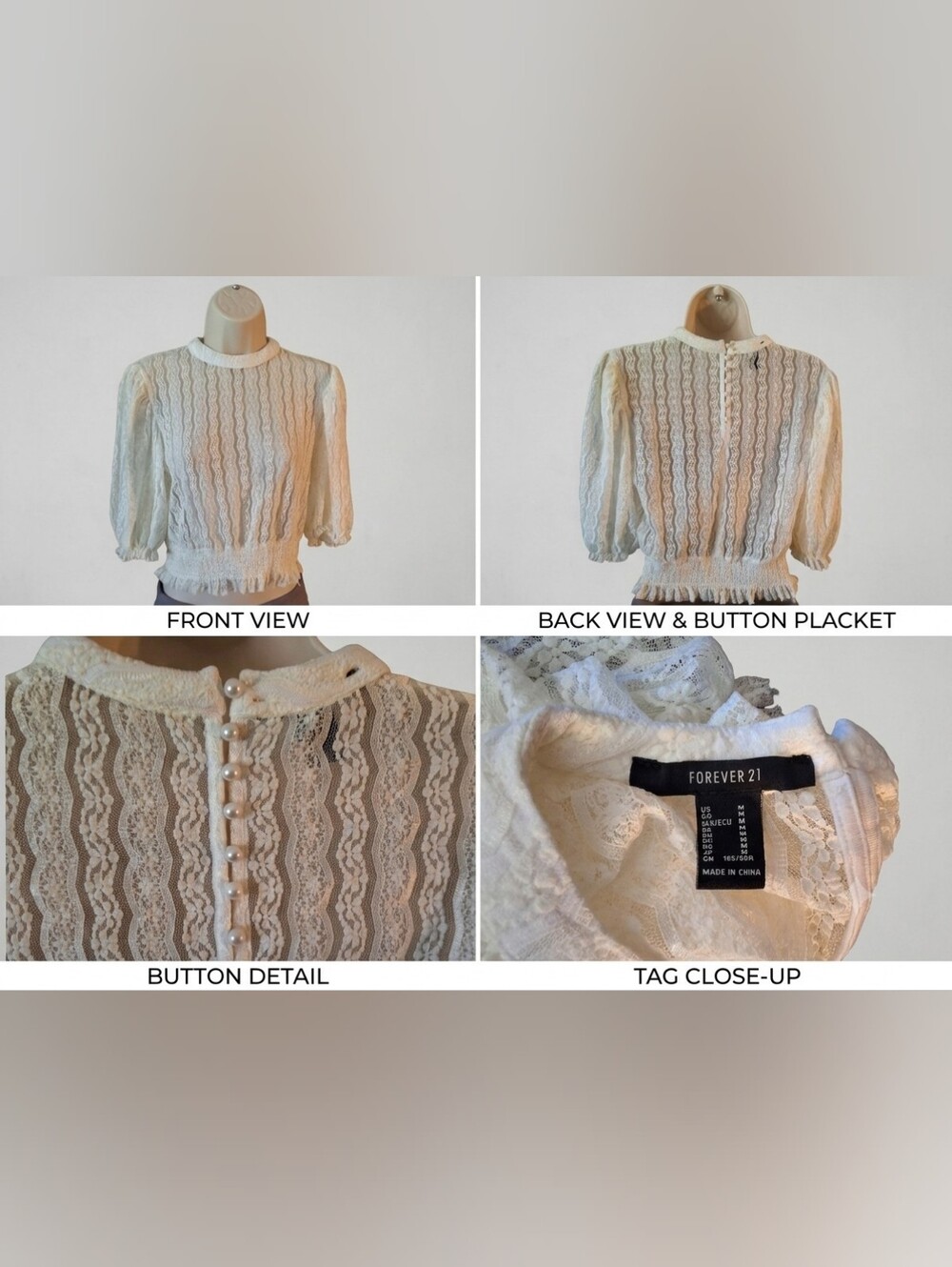 Forever 21 Ivory Lace Puff Sleeve Top